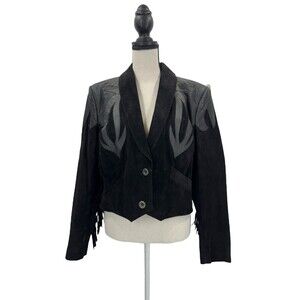 Vintage Pioneer Wear Black Boar Suede Fringe Western Jacket Women’s Size 14